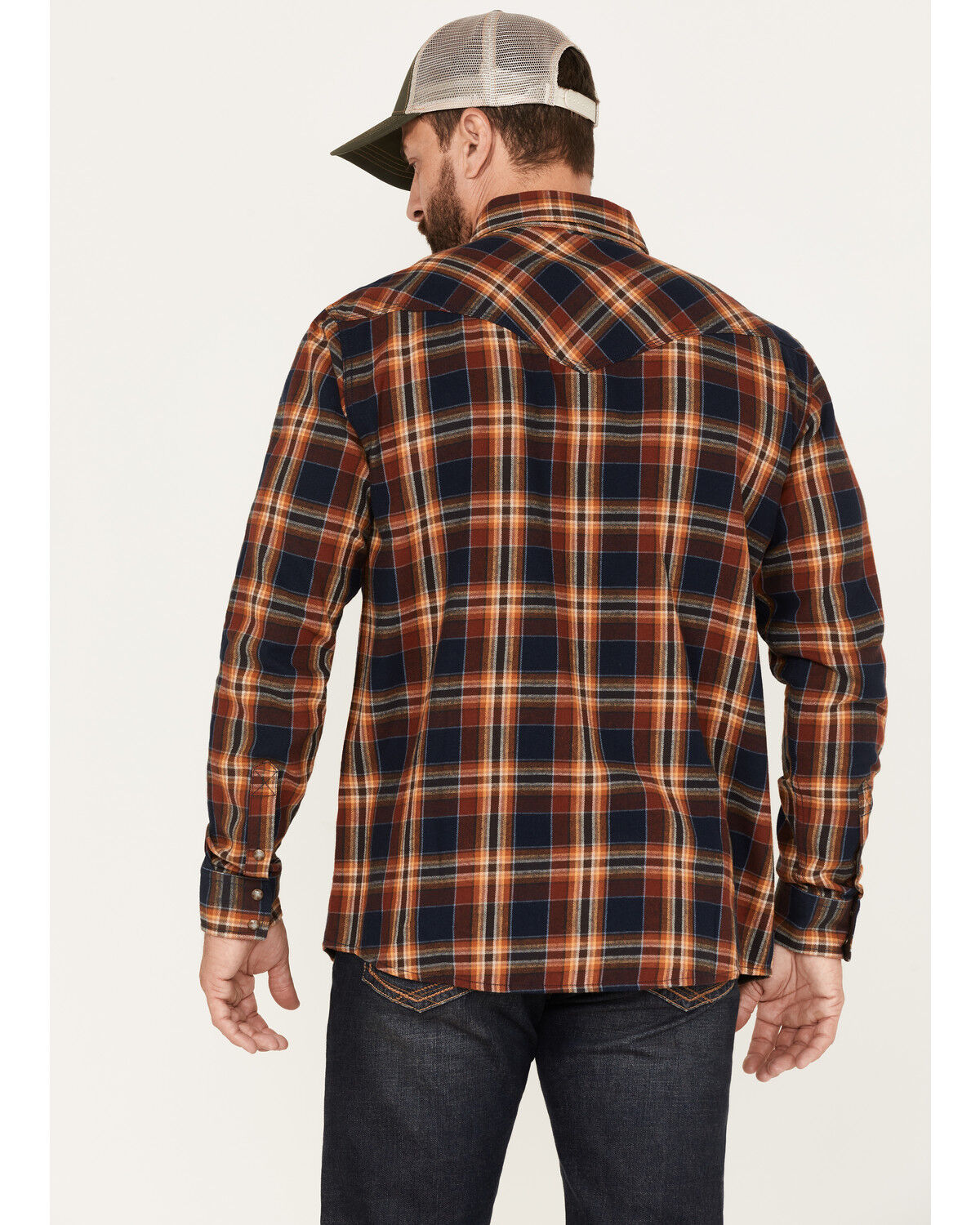 Image #4 - Moonshine Spirit Men's Rusted Still Plaid Print Snap Western Flannel Shirt, Navy, hi-res