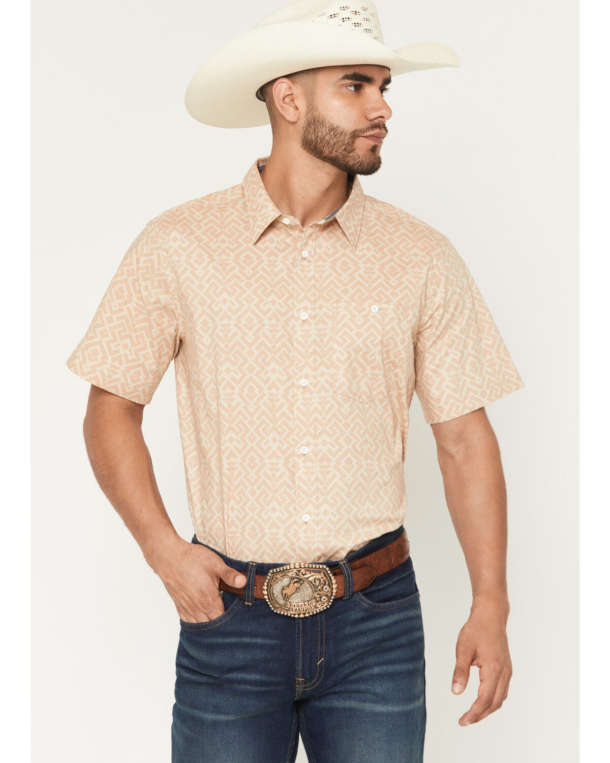 RANK 45&reg; Men's Mustang 2 Geo Print Short Sleeve Button-Down Stretch Western Shirt, Tan, hi-res