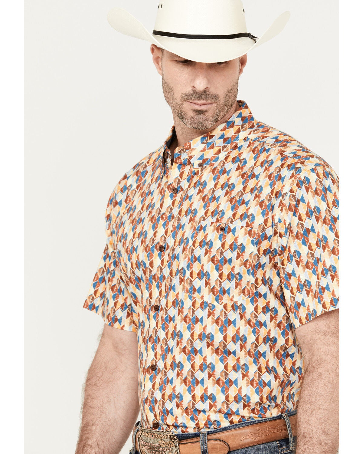 Image #2 - RANK 45&reg; Men's Abstract Geo Print Short Sleeve Button-Down Shirt, Gold, hi-res