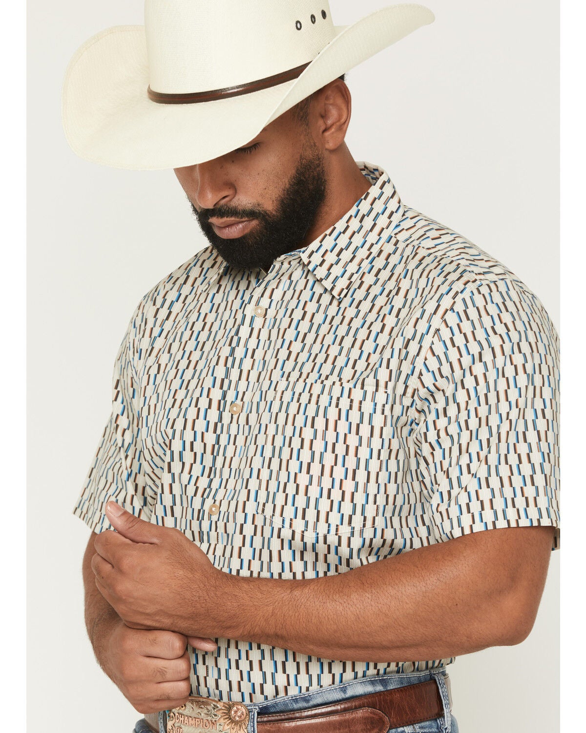 Image #2 - Gibson Trading Co Men's Boxer Geo Print Short Sleeve Button-Down Western Shirt, Cream, hi-res