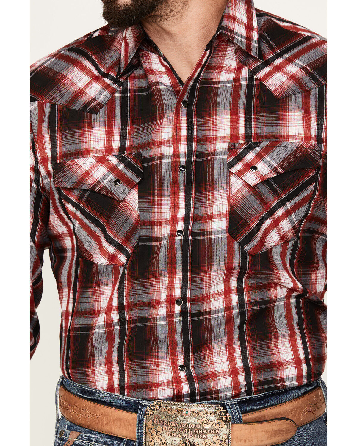 Image #3 - Ely Walker Men's Plaid Print Long Sleeve Snap Western Shirt, Red, hi-res
