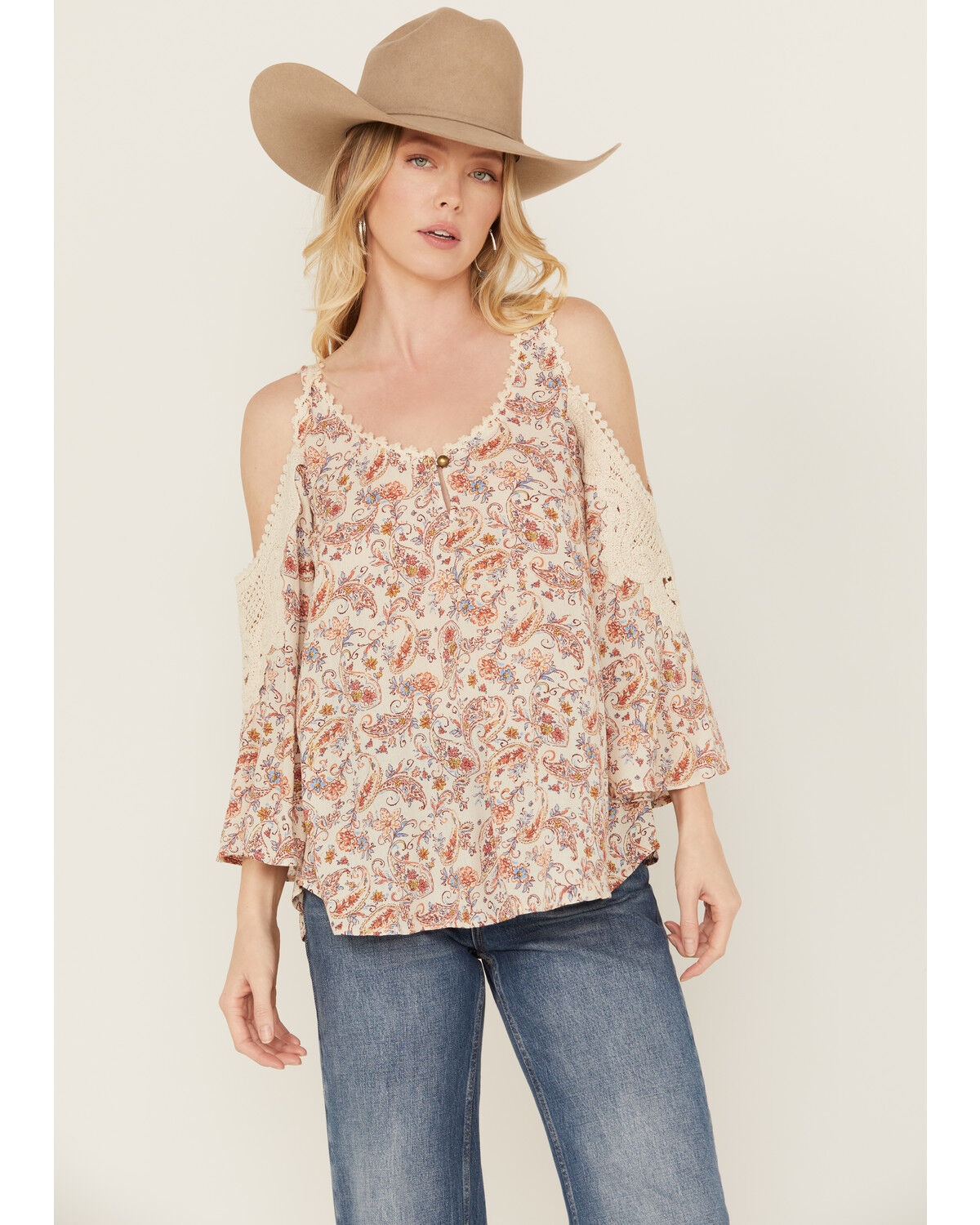 Image #1 - Wild Moss Women's Floral Print Cold Shoulder Top, Ivory, hi-res