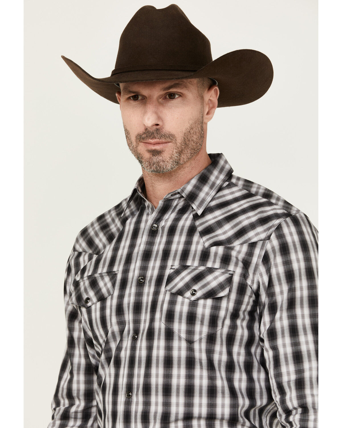 Image #2 - Gibson Men's Black Smoke Plaid Print Long Sleeve Snap Western Shirt, Black, hi-res