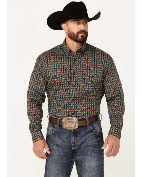 Roper Men's Amarillo Geo Print Long Sleeve Button-Down Western Shirt, Brown, hi-res