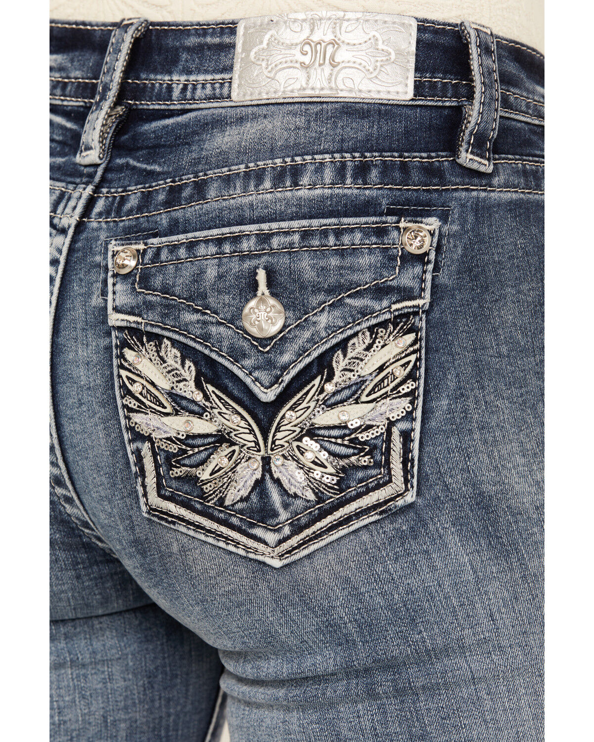 Image #2 - Miss Me Women's Medium Wash Mid Rise Angel Wing Bootcut Stretch Denim Jeans, , hi-res