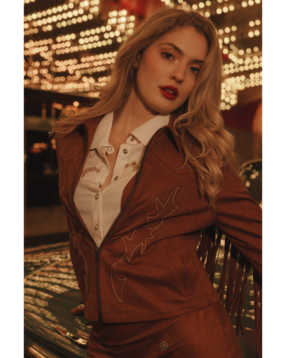 Image #1 - Idyllwind Women's Juniper Faux Suede Boot Stitched Fringe Zip-Up Jacket, Caramel, hi-res