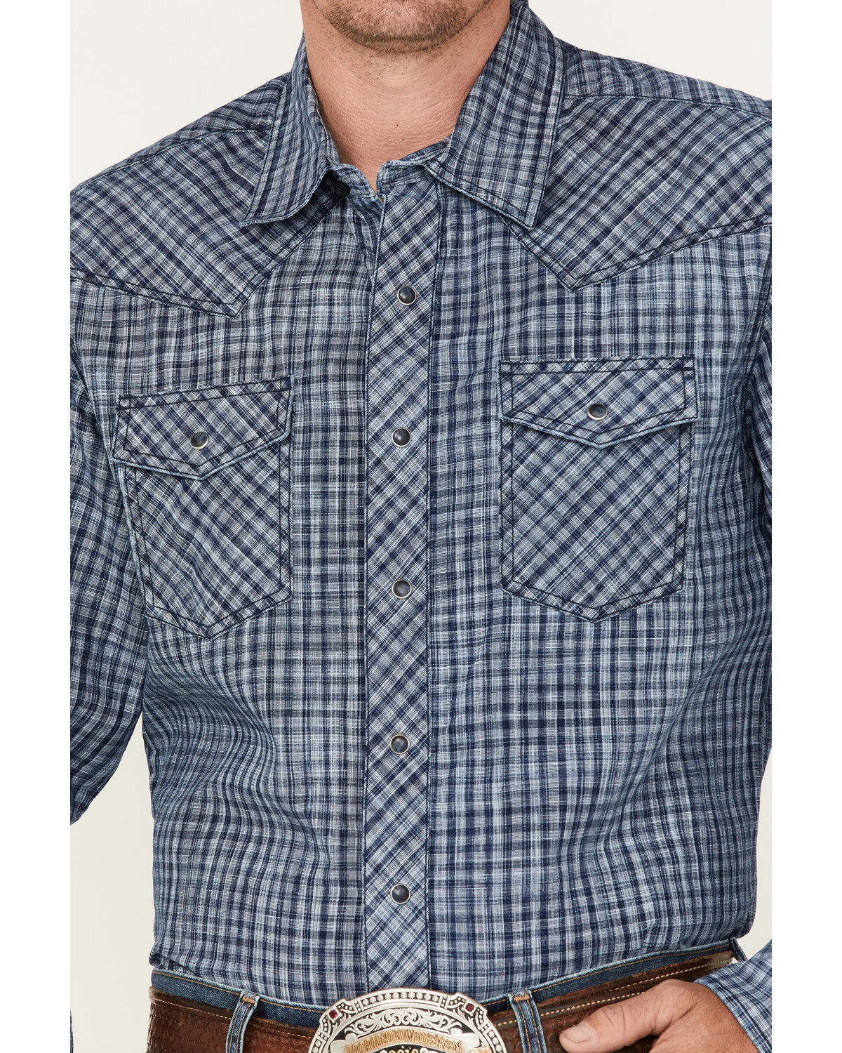 Image #3 - Wrangler Retro Premium Men's Check Plaid Print Long Sleeve Snap Western Shirt, Navy, hi-res