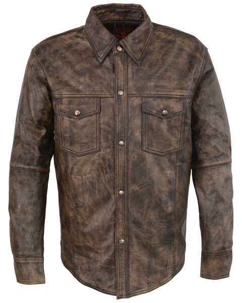 Image #4 - Milwaukee Leather Men's Distressed Light Leather Snap Front Shirt, Black/tan, hi-res