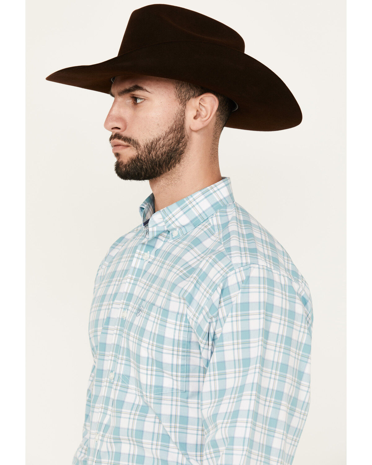 Image #2 - Ariat Men's Edward Plaid Print Long Sleeve Button-Down Performance Western Shirt, Aqua, hi-res