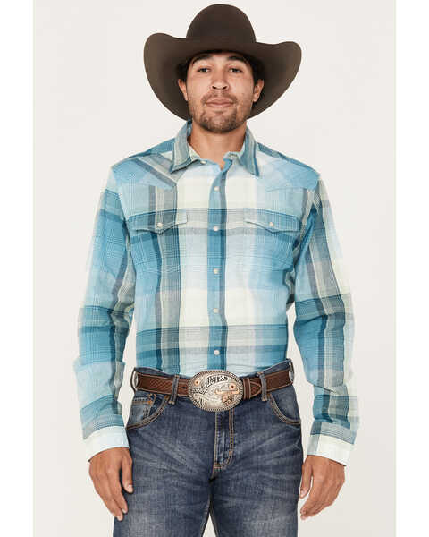 Wrangler Retro Men's Premium Plaid Print Long Sleeve Snap Western Shirt, Light Blue, hi-res
