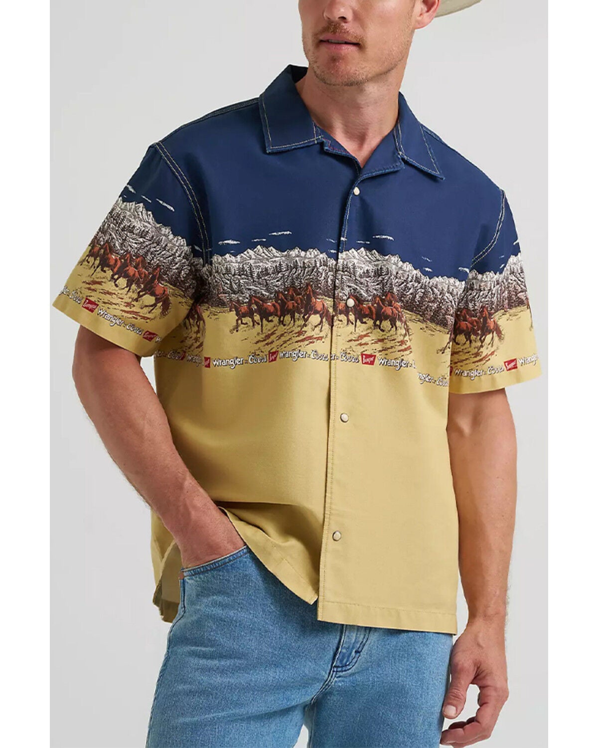 Wrangler X Coors Banquet Men's Border Print Resort Short Sleeve Snap Western Shirt, Tan, hi-res