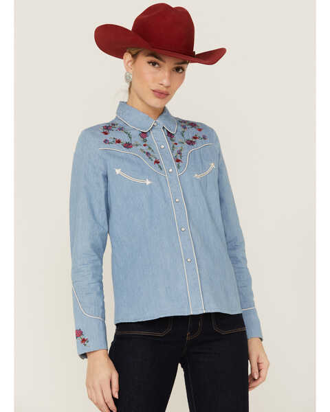 Scully Women's Chambray Floral Embroidered Yoke Pearl Snap Western Shirt, Blue, hi-res