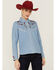 Image #1 - Scully Women's Chambray Floral Embroidered Yoke Pearl Snap Western Shirt, Blue, hi-res