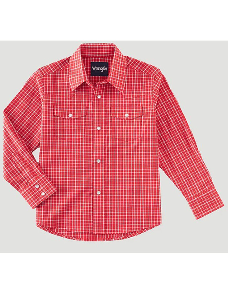 Wrangler Boys' Wrinkle Resist Checker Long Sleeve Snap Western Shirt, Red, hi-res