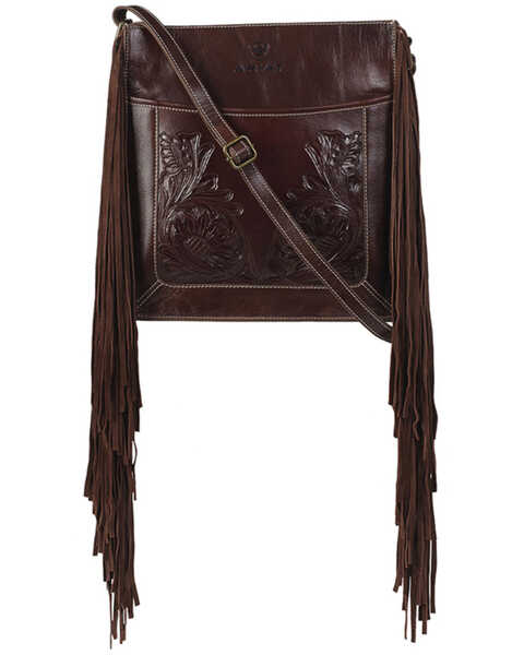 Ariat Women's Victoria Tooled Leather Fringe Concealed Carry Messenger Bag, Brown, hi-res