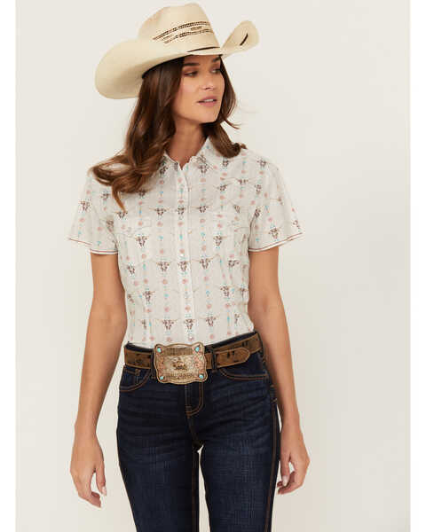 Image #1 - Rough Stock by Panhandle Women's Novelty Steer Head Print Short Sleeve Pearl Snap Stretch Western Shirt , Natural, hi-res