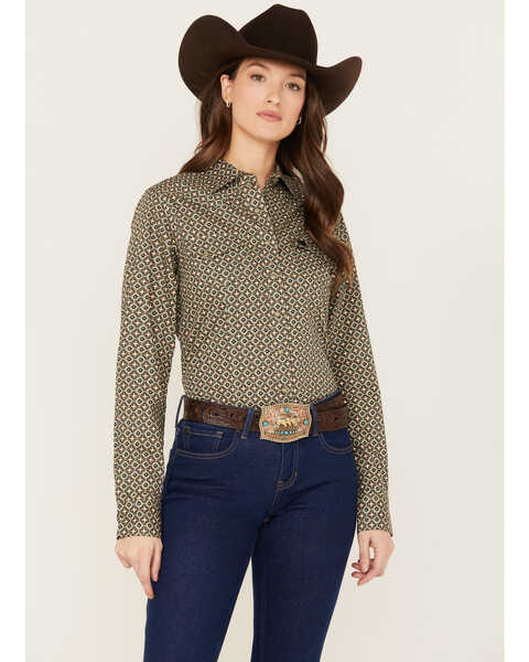 Image #1 - Cinch Women's Geo Print Long Sleeve Snap Western Shirt, Olive, hi-res