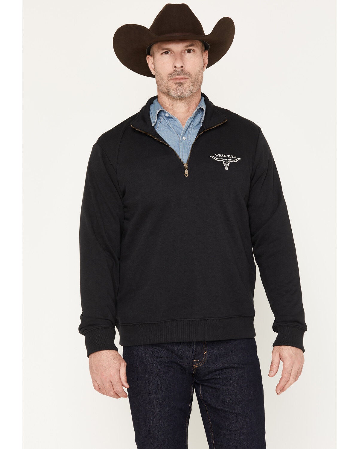 Wrangler Men's Solid Steer Head 1/4 Zip Pullover, Black, hi-res