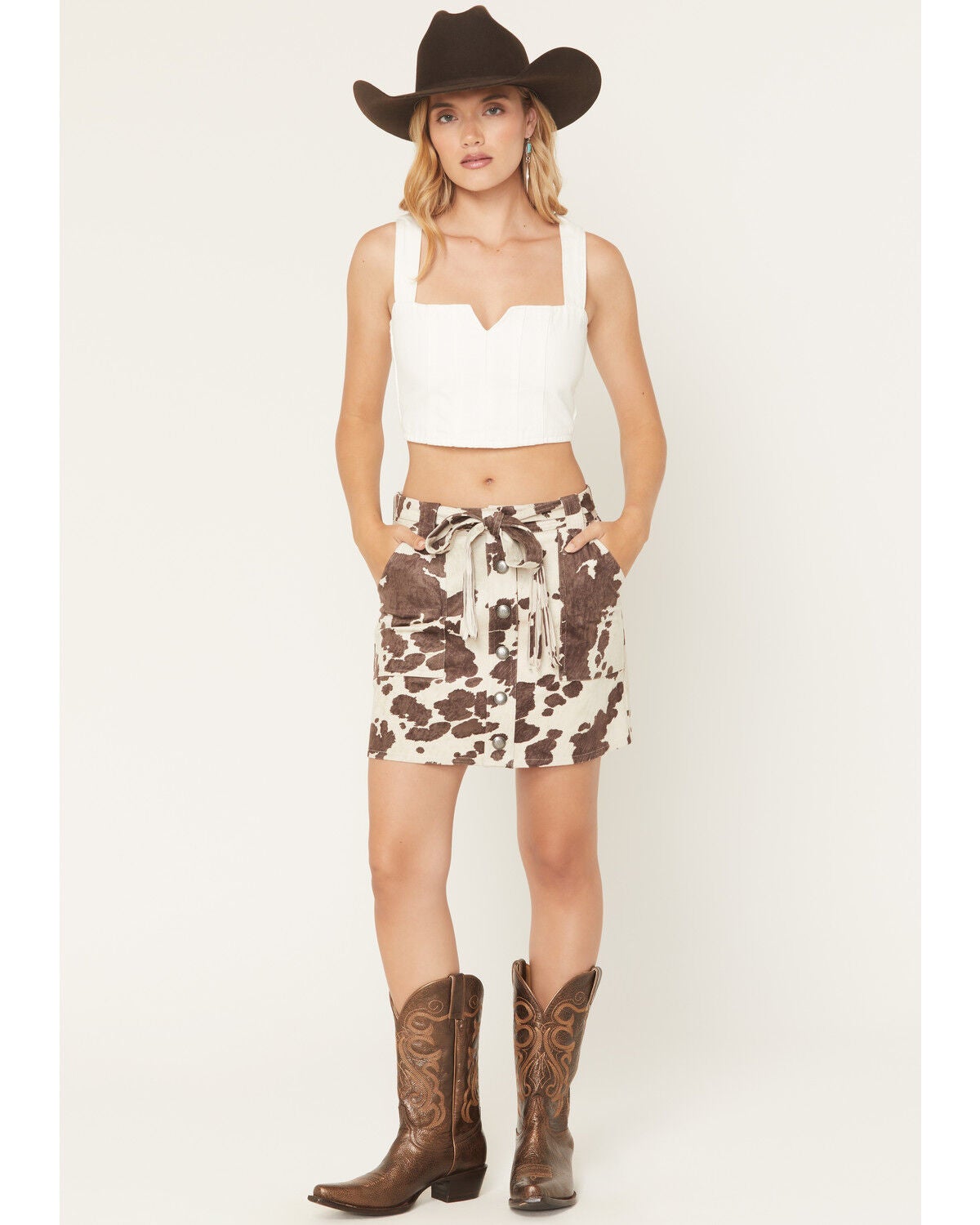 Shyanne Women's Sylvia Cow Print Faux Suede Belted Mini Skirt, Brown, hi-res