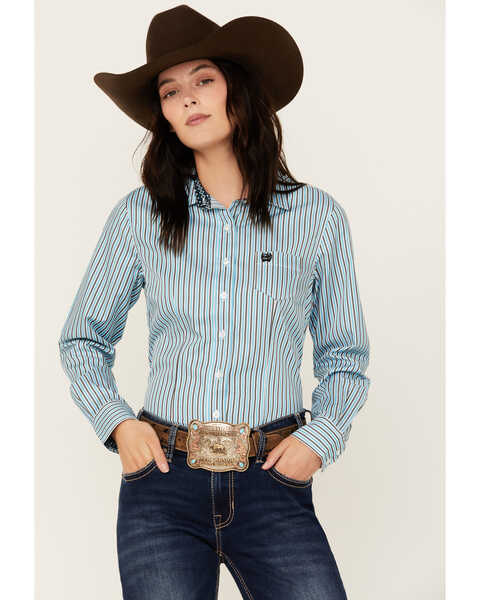 Cinch Women's Striped Long Sleeve Button-Down Western Core Shirt, Blue, hi-res