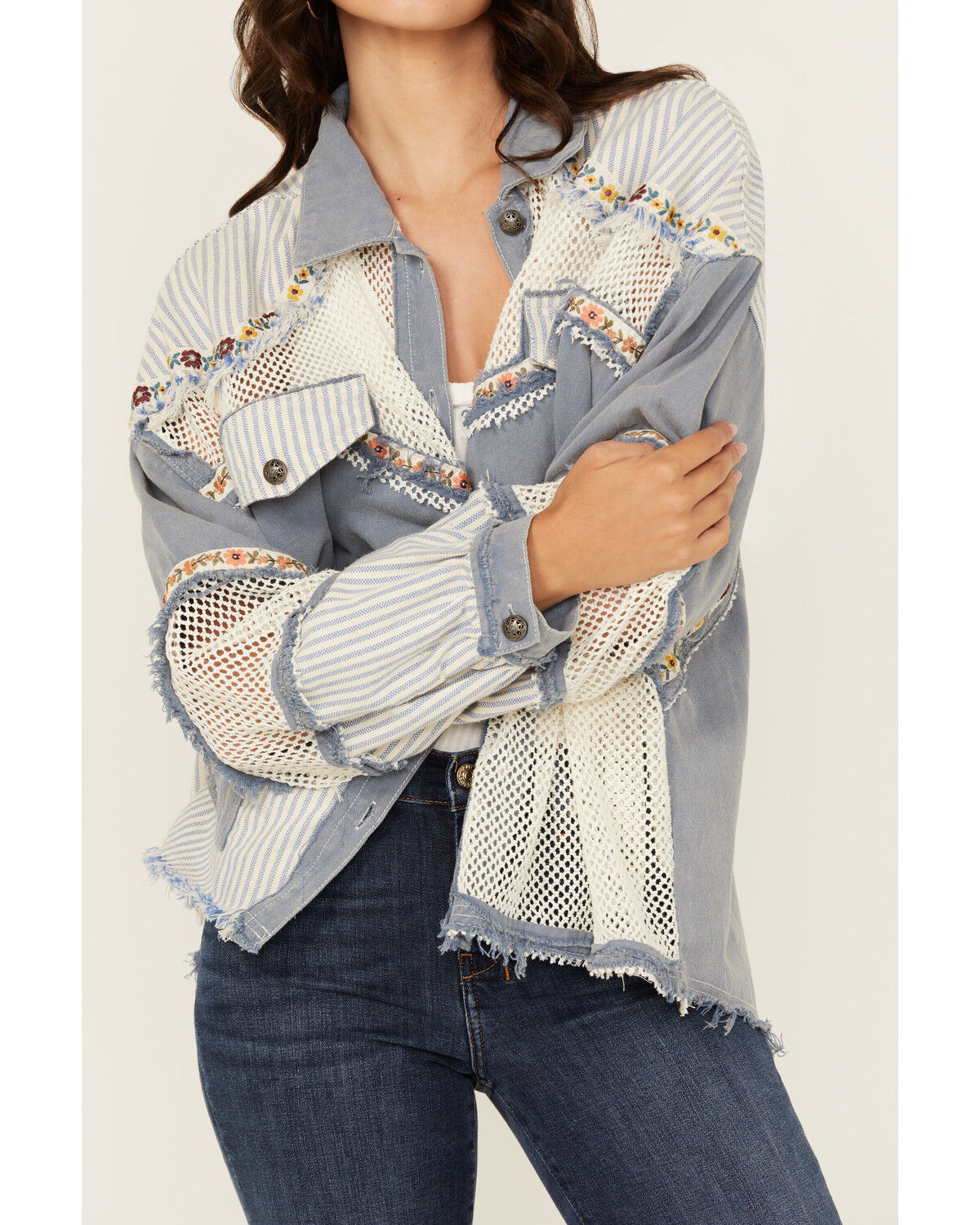 Image #3 - People Of Leisure Women's Patchwork Floral Long Sleeve Button-Down Shirt, Blue, hi-res