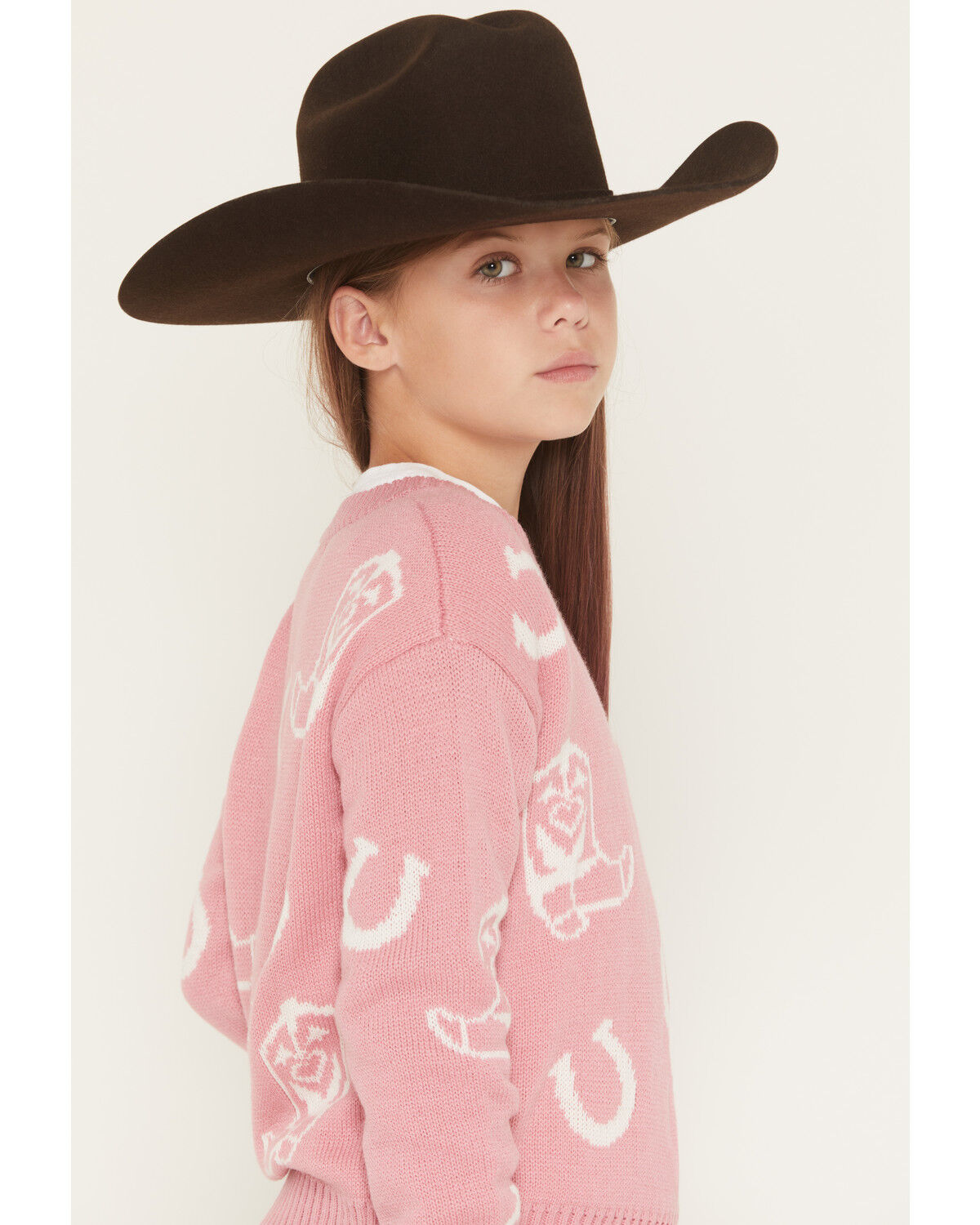 Image #2 - Self Esteem Girls' Horseshoe and Boots Sweater, Pink, hi-res