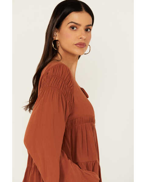 Image #2 - Cleo + Wolf Women's Tiered Flowy Tie Front Blouse , Rust Copper, hi-res