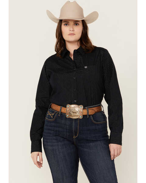 Ariat Women's Cow Print Wrinkle Resist Team Kirby Long Sleeve Button-Down Stretch Western Shirt - Plus , Black, hi-res
