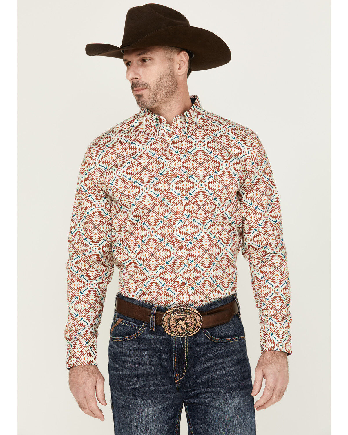 Image #1 - RANK 45® Men's Lagos Southwestern Print Long Sleeve Button-Down Performance Stretch Western Shirt, Ivory, hi-res