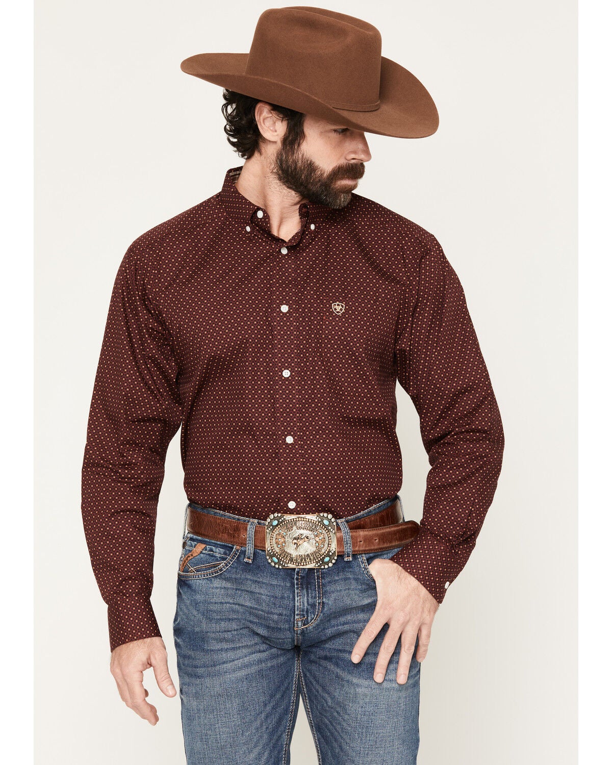 Ariat Men's Reliance Wrinkle Free Geo Print Long Sleeve Button-Down Western Shirt, Burgundy, hi-res