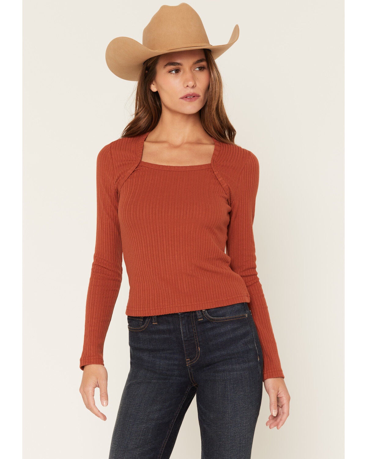 Image #1 - Shyanne Women's Textured Rib Knit Long Sleeve Top, Brown, hi-res