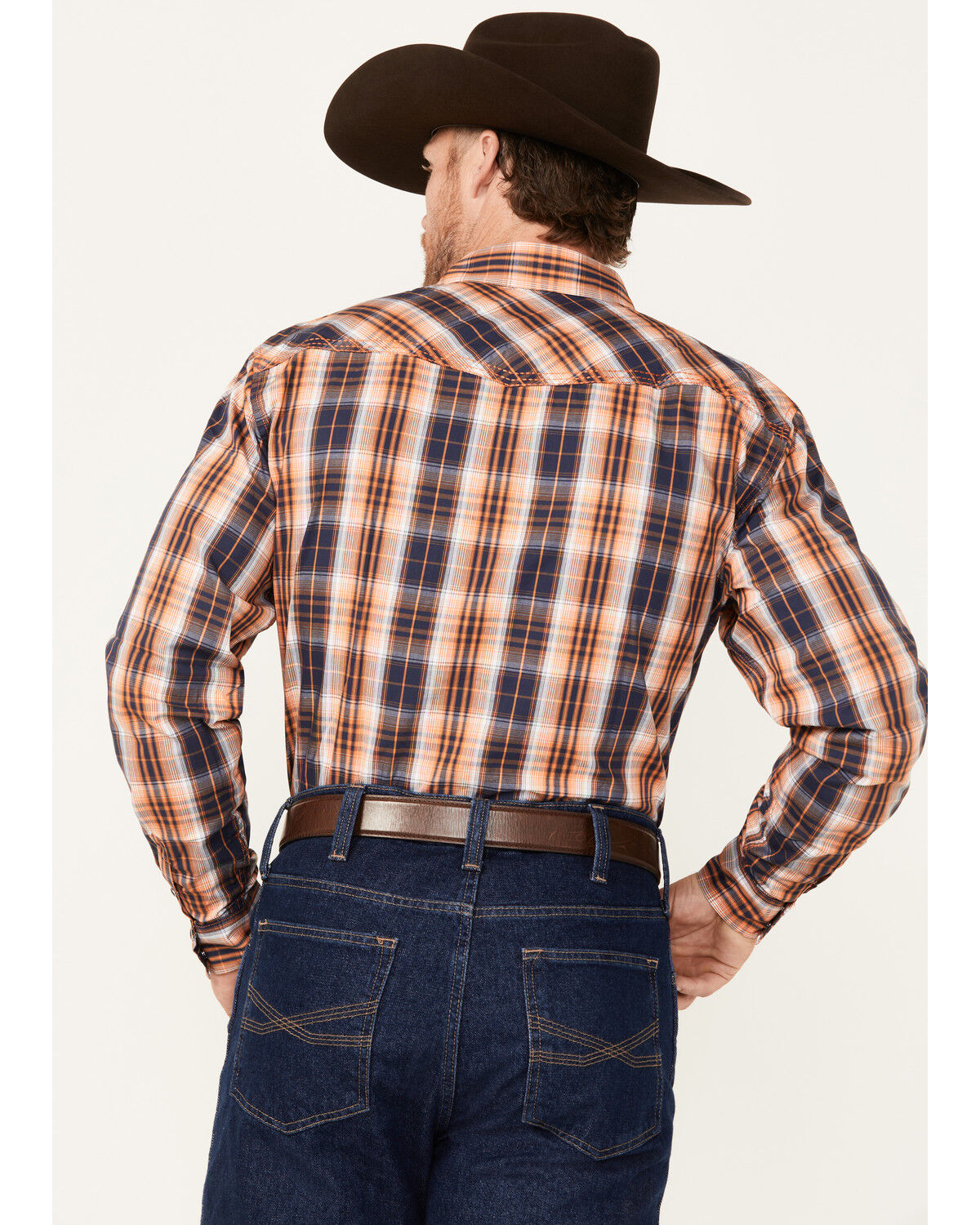 Image #4 - Cowboy Hardware Men's Hermosillo Plaid Print Long Sleeve Snap Western Shirt, Orange, hi-res