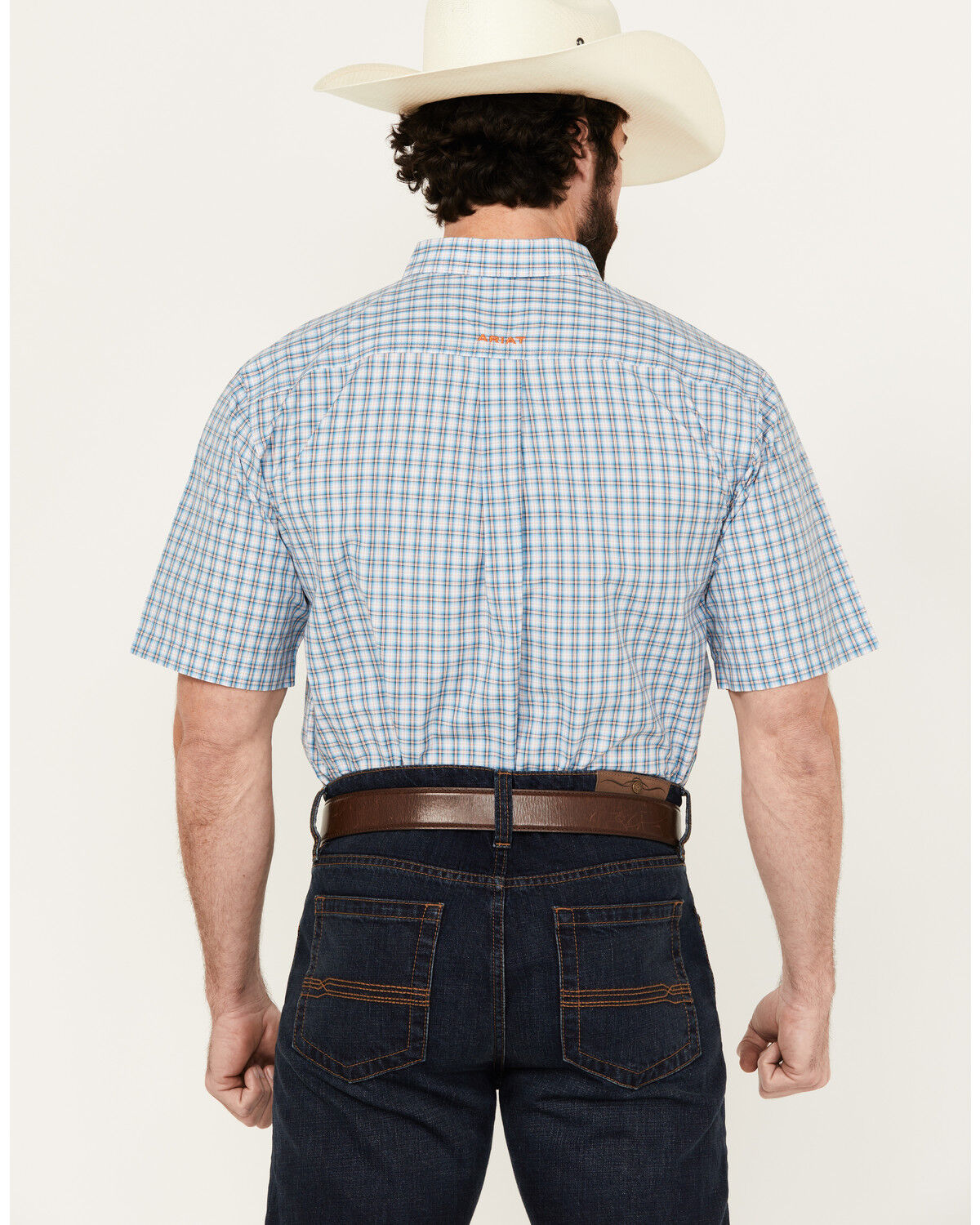 Image #4 - Ariat Men's Richard Plaid Print Short Sleeve Button-Down Performance Western Shirt, Blue, hi-res