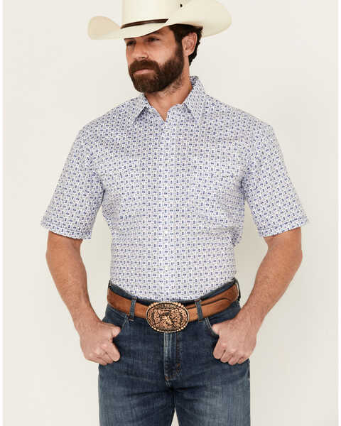 Panhandle Men's Southwestern Print Short Sleeve Pearl Snap Stretch Western Shirt , Blue, hi-res