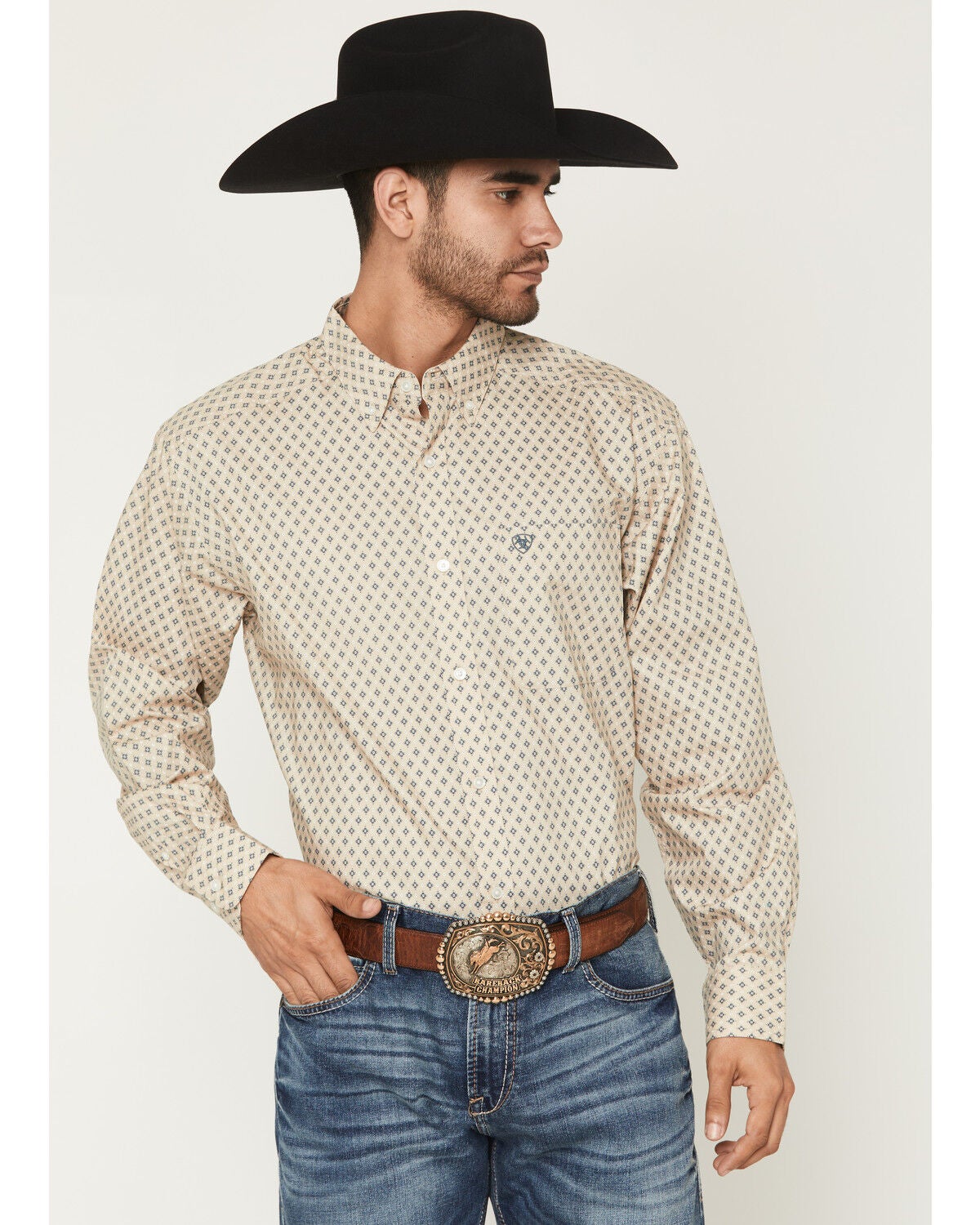 Image #1 - Ariat Men's Stu Geo Print Long Sleeve Button-Down Western Shirt, Tan, hi-res