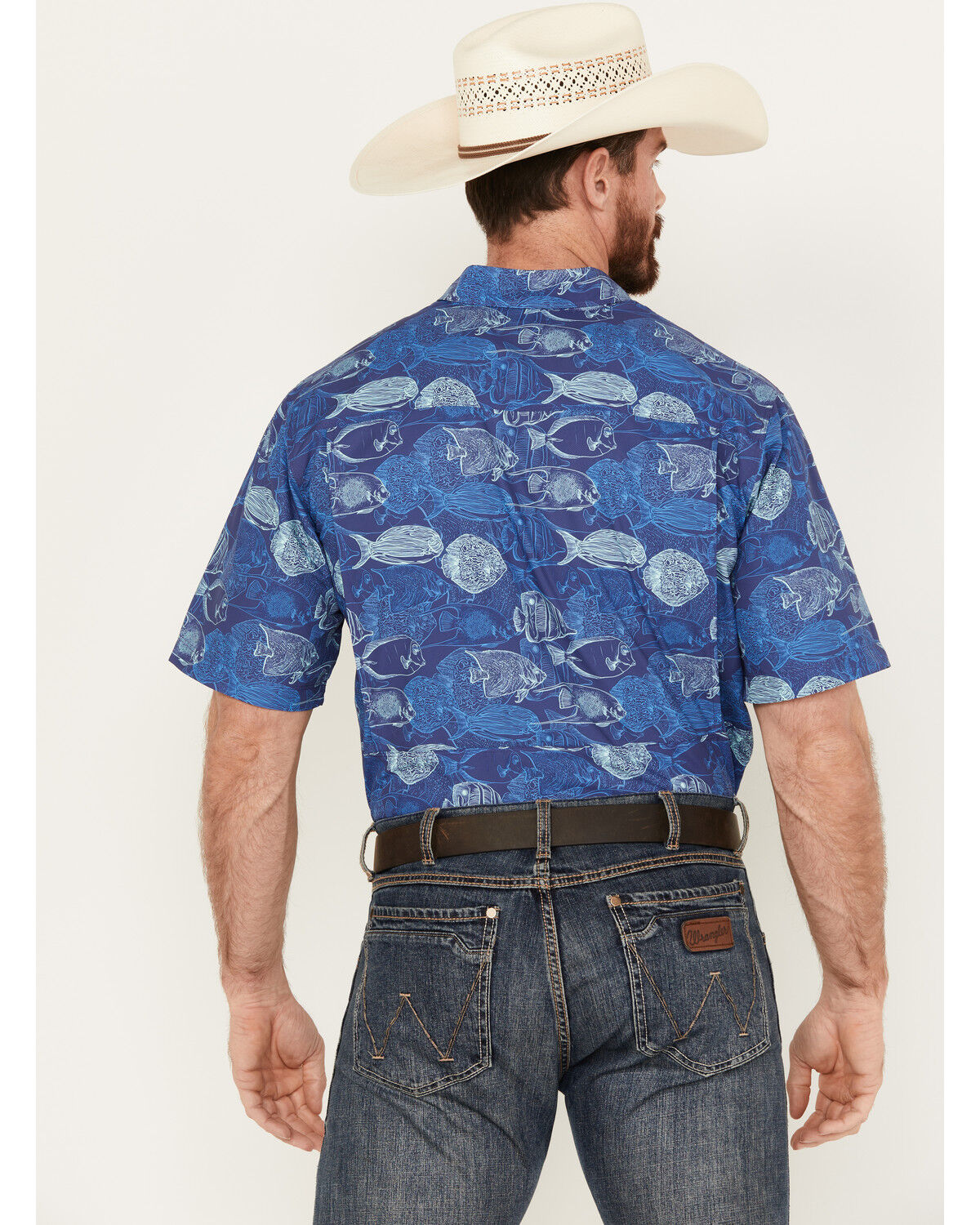 Image #4 - Ariat Men's VentTEK Outbound Print Classic Fit Short Sleeve Performance Shirt, Blue, hi-res
