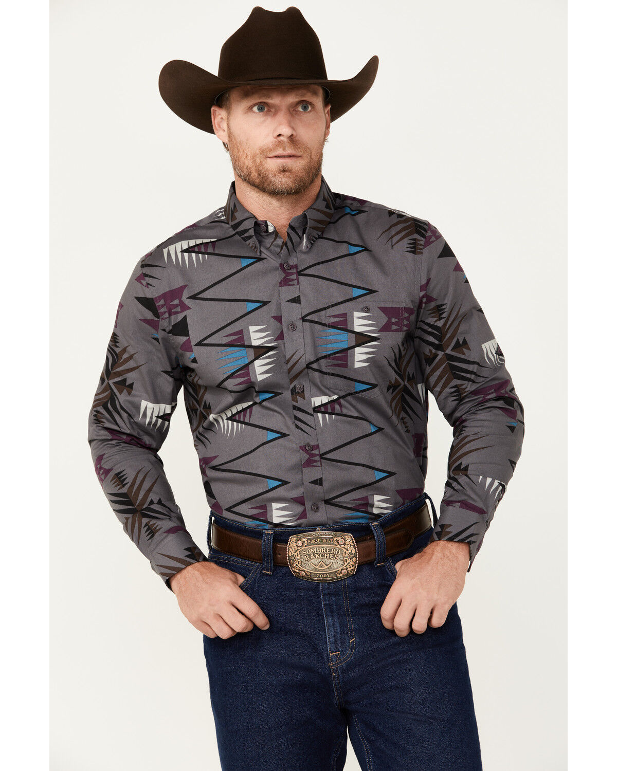Image #1 - RANK 45® Men's Forkwood Southwestern Print Long Sleeve Button-Down Shirt, Charcoal, hi-res
