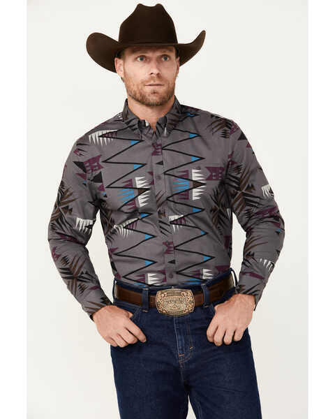 Image #1 - RANK 45® Men's Forkwood Southwestern Print Long Sleeve Button-Down Shirt, Charcoal, hi-res