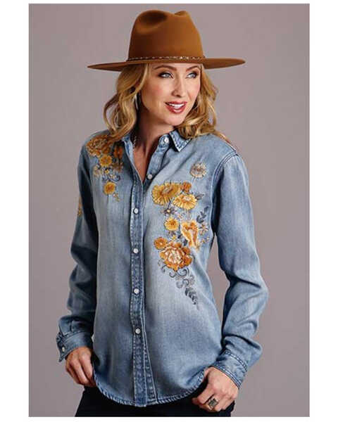Stetson Women's Light Wash Floral Embroidered Denim Long Sleeve Western Shirt, Blue, hi-res
