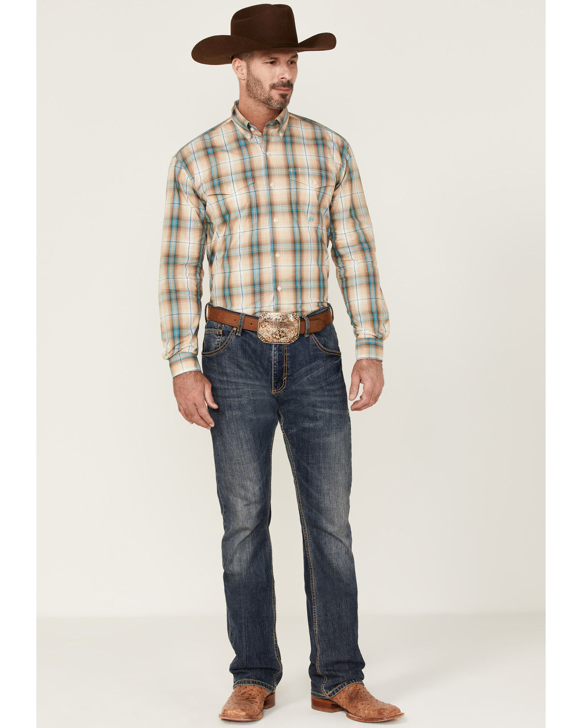 Image #2 - Roper Men's Saddle Large Plaid Print Long Sleeve Button Down Western Shirt, Tan, hi-res