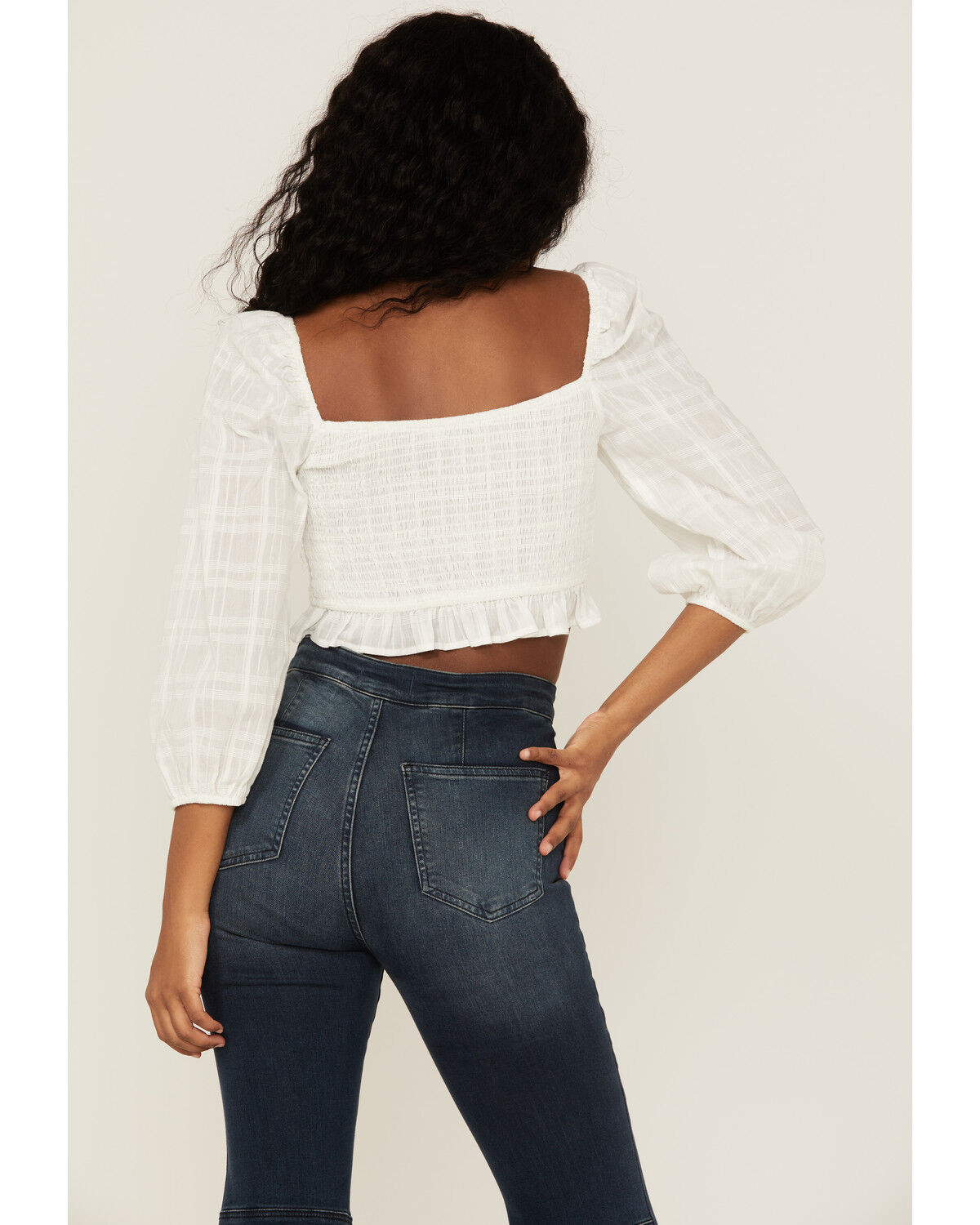 Image #4 - Lush Women's Long Sleeve Smocked Tie Front Blouse, Off White, hi-res