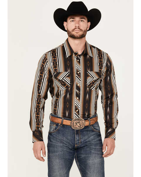 Rock & Roll Denim Men's Southwestern Striped Stretch Long Sleeve Snap Western Shirt, Brown, hi-res