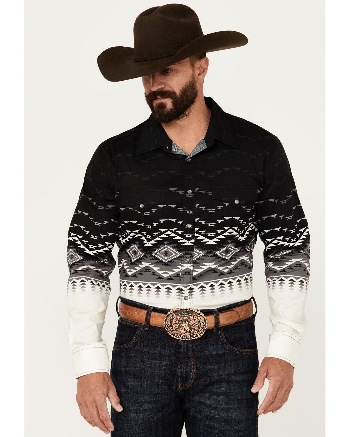 Rock & Roll Denim Men's Southwestern Print Long Sleeve Snap Stretch Western Shirt, Black, hi-res