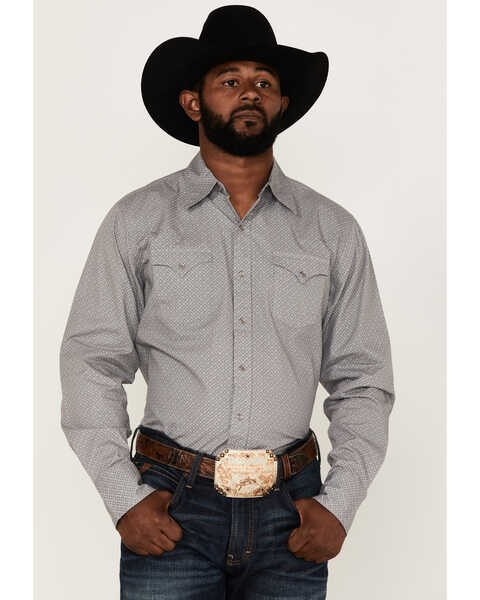 Stetson Men's Original Rugged Ghost Geo Print Long Sleeve Snap Western Shirt , Grey, hi-res