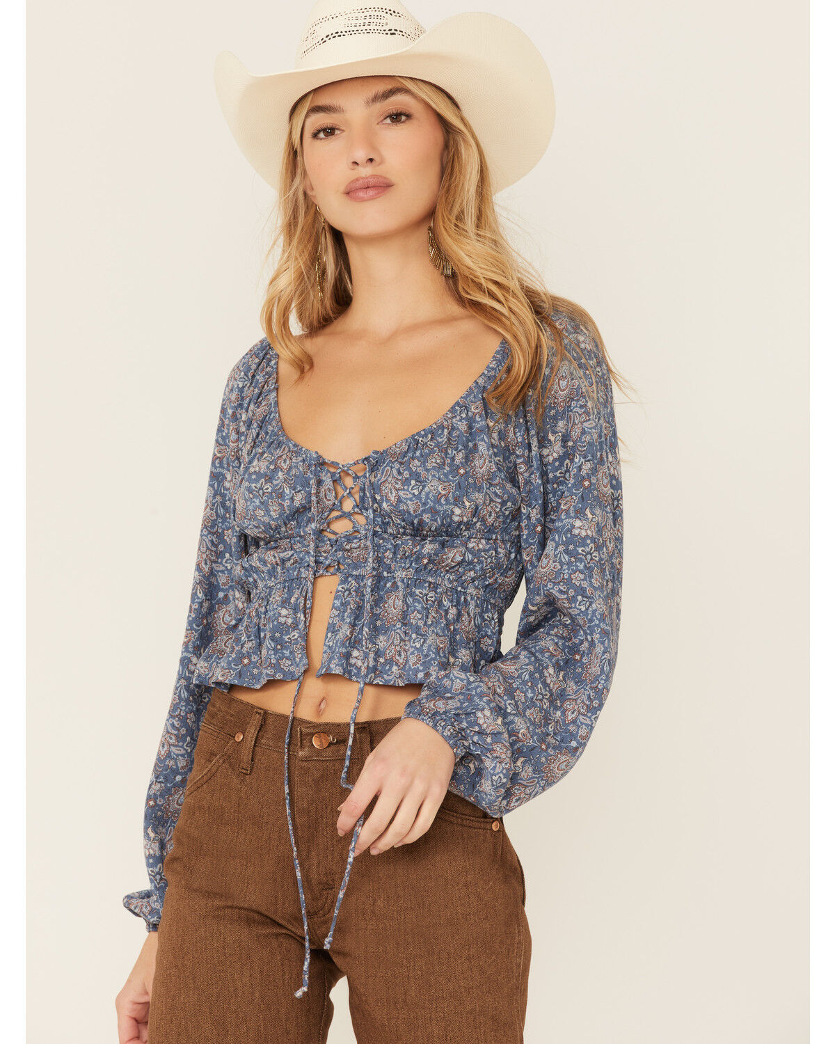 Image #1 - Wild Moss Long Sleeve Tie Front Ranched Floral Top, Blue, hi-res