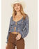 Image #1 - Wild Moss Long Sleeve Tie Front Ranched Floral Top, Blue, hi-res