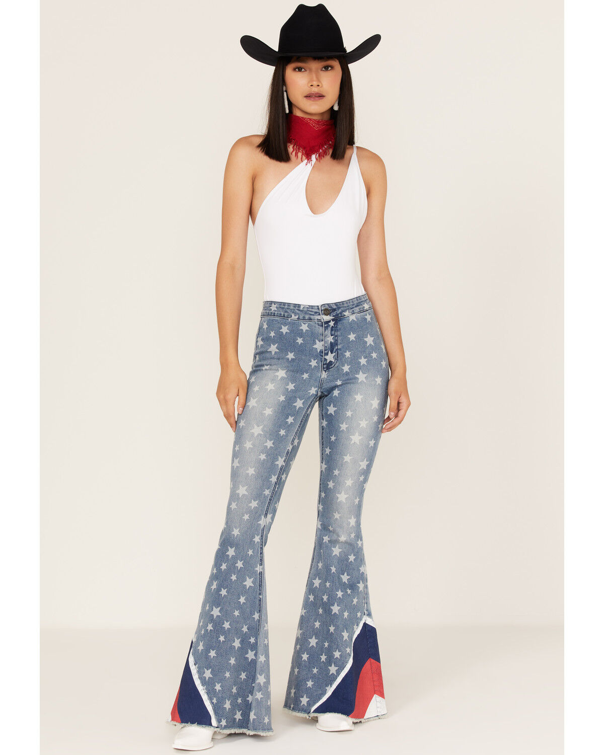 Image #1 - Rock & Roll Denim Women's Medium Wash High Rise Star Print Flare Jeans, , hi-res