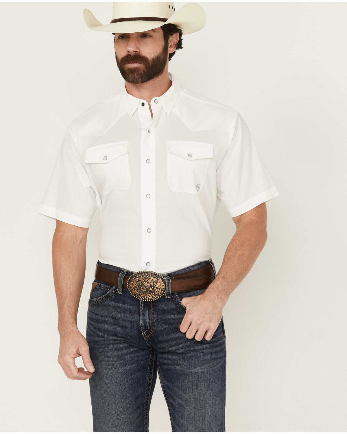 Image #1 - Ariat Men's VentTek Solid Short Sleeve Snap Performance Western Shirt, White, hi-res