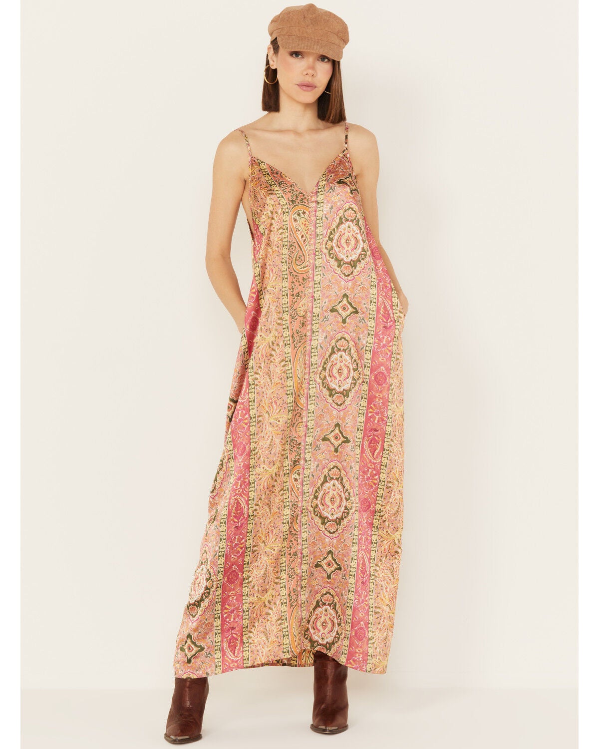 By Together Women's Floral Print V Neck Sleeveless Maxi Dress, Coral, hi-res