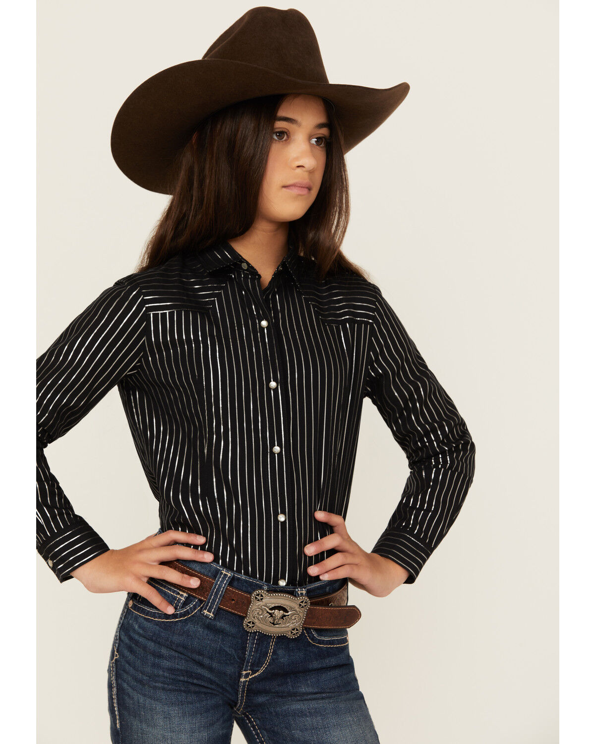 Image #1 - Cruel Girl Girls' Metallic Striped Long Sleeve Pearl Snap Western Shirt, Black, hi-res